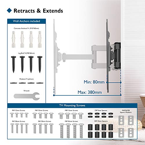 BONTEC Soporte Pared TV Planos & curvos de 23-60 Pulgadas, MAX VESA 400x400mm Inclinable y Giratorio, Doble Brazo y Movimiento Completo, Incluye Cable HDMI, Nivel topográfico, 5 Correas de Velcro