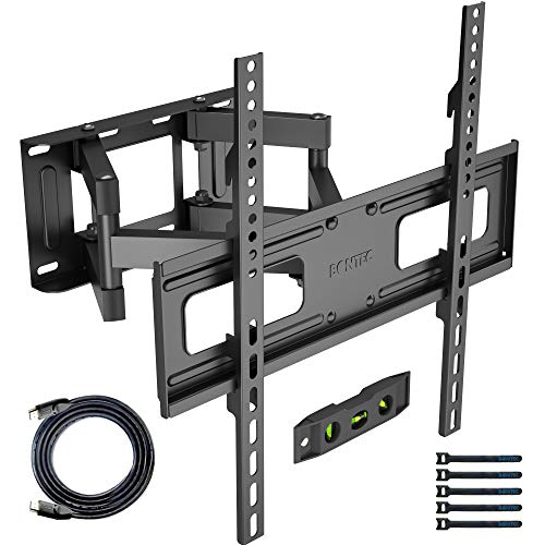 BONTEC Soporte Pared TV Planos & curvos de 23-60 Pulgadas, MAX VESA 400x400mm Inclinable y Giratorio, Doble Brazo y Movimiento Completo, Incluye Cable HDMI, Nivel topográfico, 5 Correas de Velcro