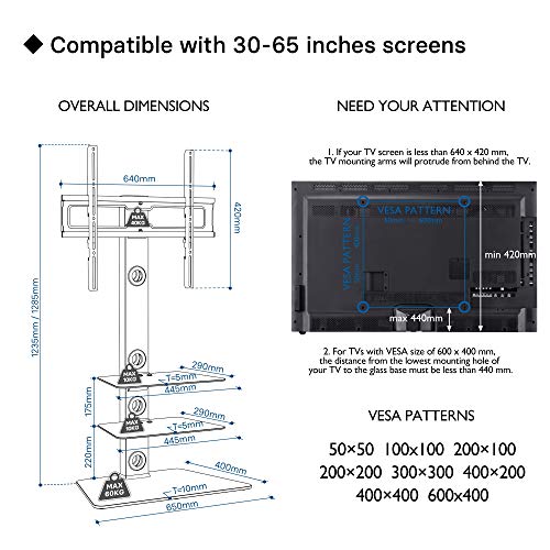 BONTEC Soporte TV Suelo Giratorio para LCD LED Plasma Flat Curved TVs de 30-65 Pulgadas, con 3 estantes de Vidrio Templado,MAX VESA 600x400 mm