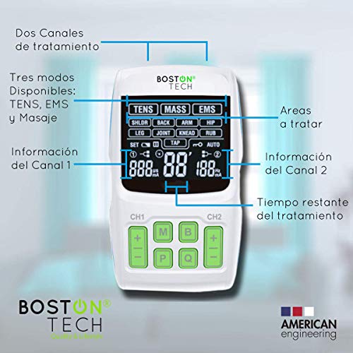 Boston Tech WE112 - Boston Tech - We-112 - Electroestimulador Digital Profesional 3 En 1, Tens, Ems, Masaje. Alivio Al Dolor Y Fortalecimiento Muscular General, Pantalla Lcd, 2 Canales, 4