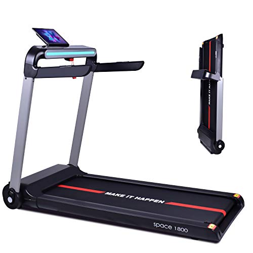 BOUDECH Space 1800 – Cinta de correr eléctrica 1800 W plegable ultra plana con pantalla táctil, soporte para iPad, altavoces Bluetooth, App System cardíaco, color negro