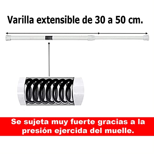 Bravatta. Porta Visillos Extensible de 30 a 50 cm.Barra Ajustable para Cortinas. Barra Extensible para Visillos y cortinas. Varilla Colgar Ropa de Bebé y Niño (Blanco)