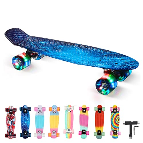 BRGOOD Mini Cruiser Skateboard 56x15cm,Monopatín Skateboard Complete con PU Ruedas Luminosas y Rodamiento ABEC-7, Skateboard Niño Niña, para Principiantes y Adultos (Azul)