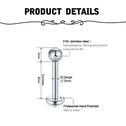 Briana Williams 12 Piezas Barras de Labios Labret de Acero Inoxidable 8mm 16G Tragus Helix Daith Rook Joyería Piercing