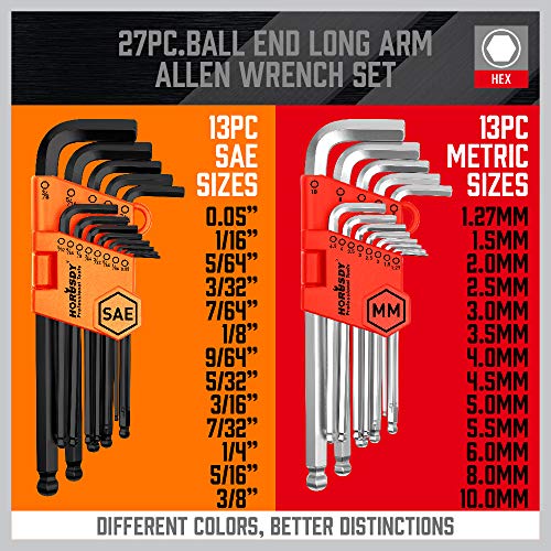 BRIMIX 27 pc Juego de llaves allen con mango adaptador. Extremos hexagonales y cabeza de bola para instalar y desmontar tornillos de automoviles, muebles, equipos, bicicleta