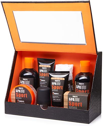 BRUBAKER Cosmetics Set de Cuidado para Hombres Spa Sport - 8 Piezas Kit de Regalo con Gel de Ducha, Champú, Desodorante, Crema Facial, Peeling, Loción Corporal, Jabón + Paño en Caja - Duchas Baño