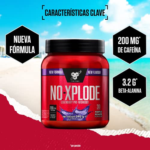 BSN N.O.-Xplode Pre-workout Powder, Suplemento Deportivo con Cafeína, Aminoácidos, Vitamina C y Zinc, Purple Power, 30 Porciones, 390 g, Embalaje Puede Variar