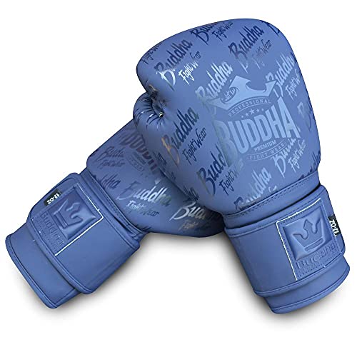 Buddha Fight Wear. Guantes de Entrenamiento y Combate, Special Edition, Fabricados a Mano , Boxeo, Muay Thai, Kick Boxing y MMA Modelo Top Premium Azul Navy Mate 14 Onzas