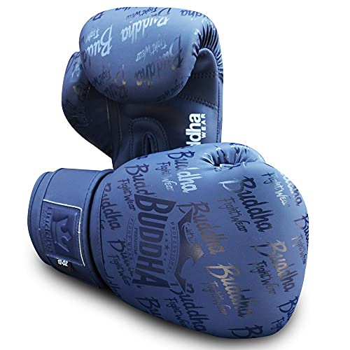 Buddha Fight Wear. Guantes de Entrenamiento y Combate, Special Edition, Fabricados a Mano , Boxeo, Muay Thai, Kick Boxing y MMA Modelo Top Premium Azul Navy Mate 14 Onzas