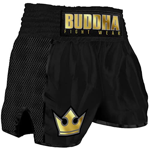 Buddha Fight Wear. Short Retro Premium Negro. Especialmente diseñado para el Kick Boxing, Muay Thai, K1 o Cualquier modalidad de Deportes de Contacto. Talla M (50 a 60 Kgs)