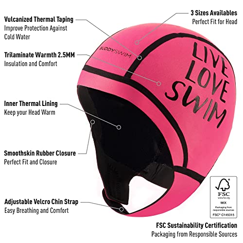 BUDDYSWIM Gorro de Natación de Neopreno 2.5 mm para Natación en Aguas Abiertas con Cierre de Velcro, Rosa (M)