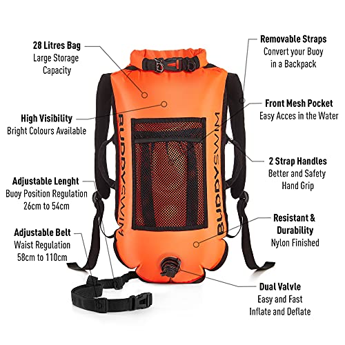 BUDDYSWIM Mochila Boya de Seguridad para Natación en Aguas Abiertas - DryBag con Compartimento Interior Estanco y Espaldera Desmontable - Ligera y Resistente Acabado de Nylon - Color Naranja