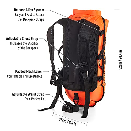 BUDDYSWIM Mochila Boya de Seguridad para Natación en Aguas Abiertas - DryBag con Compartimento Interior Estanco y Espaldera Desmontable - Ligera y Resistente Acabado de Nylon - Color Naranja