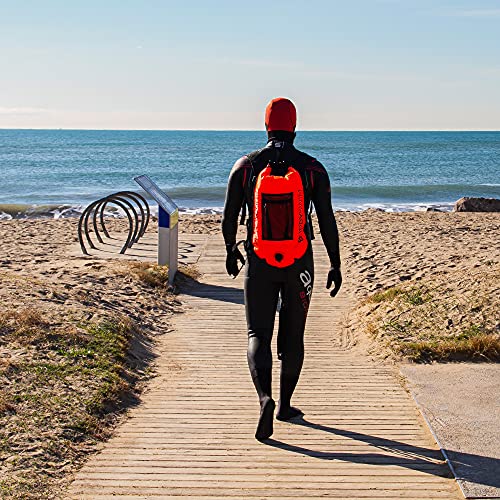 BUDDYSWIM Mochila Boya de Seguridad para Natación en Aguas Abiertas - DryBag con Compartimento Interior Estanco y Espaldera Desmontable - Ligera y Resistente Acabado de Nylon - Color Naranja