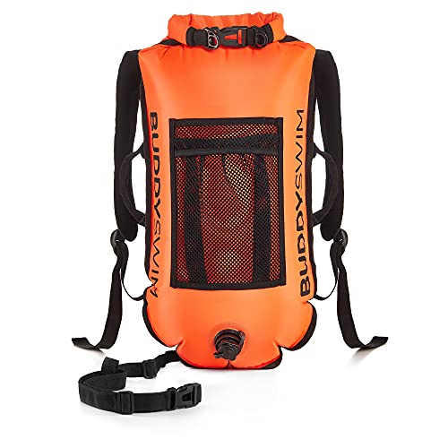 BUDDYSWIM Mochila Boya de Seguridad para Natación en Aguas Abiertas - DryBag con Compartimento Interior Estanco y Espaldera Desmontable - Ligera y Resistente Acabado de Nylon - Color Naranja