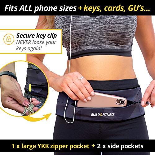 Build & Fitness Riñonera Running con Cremallera YKK, Cinturón Hombre/Mujer Ajustable, Clip Llavero – Manos Libres – Móviles, Llaves, Tarjetas – Unisex – Riñonera Deportiva Running, Gimnasio, Yoga