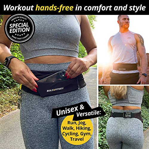 Build & Fitness Riñonera Running con Cremallera YKK, Cinturón Hombre/Mujer Ajustable, Clip Llavero – Manos Libres – Móviles, Llaves, Tarjetas – Unisex – Riñonera Deportiva Running, Gimnasio, Yoga