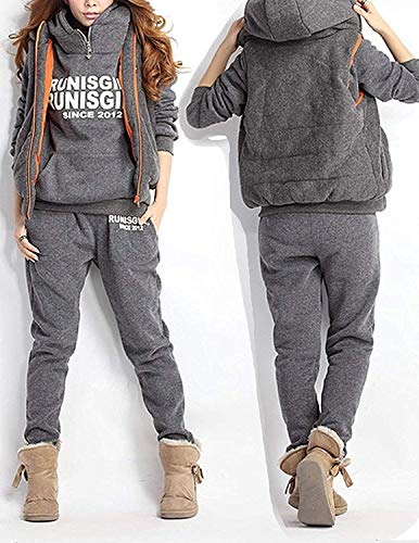 BUOYDM 3piezas Chándales para Mujer Conjuntos Deportivos Hoodie Sweatshirt con Capucha + Chaleco Chaqueta + Pantalones para Otoño e Invierno, Gris XL