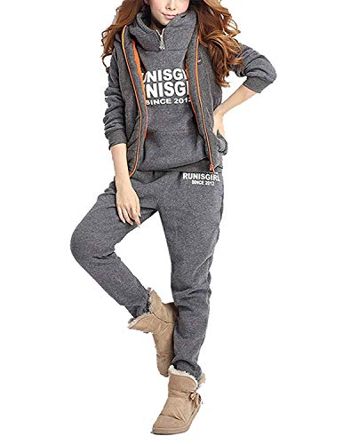 BUOYDM 3piezas Chándales para Mujer Conjuntos Deportivos Hoodie Sweatshirt con Capucha + Chaleco Chaqueta + Pantalones para Otoño e Invierno, Gris XL