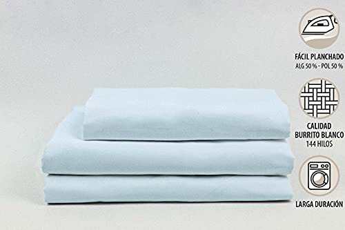 Burrito Blanco Sábanas de Hostelería | Juego de Sábana Cama 90 | Cama Individual | Ropa de Cama Algodón/Poliéster | Fácil Planchado | Color Azul | Disponible en Más Medidas