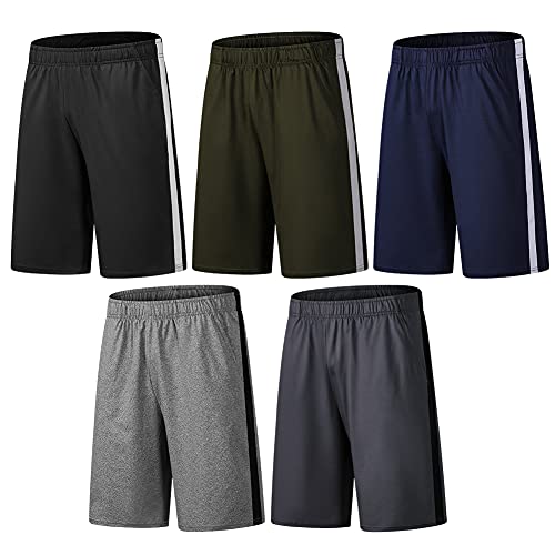 BUYJYA Pantalones cortos deportivos activos para hombre, paquete de 5 o 3 para entrenamiento, baloncesto, fútbol, bádminton ejercicio, correr, gimnasio, Negro, verde militar, azul marino