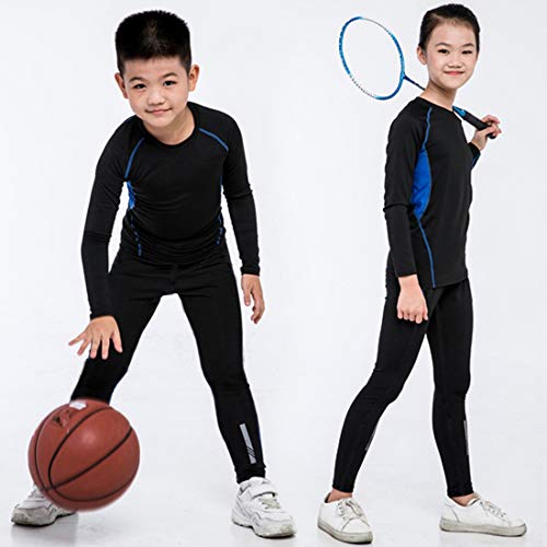 BUYKUD Ropa interior funcional de manga larga para niños, ropa interior deportiva para fútbol, entrenamiento, fitness, camiseta de compresión, juego de pantalones de compresión, azul, 134 cm-140 cm