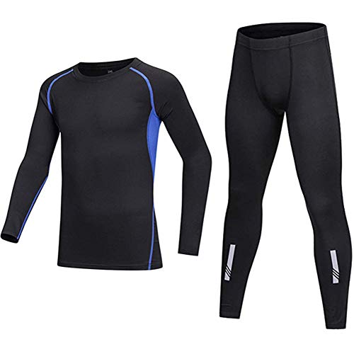 BUYKUD Ropa interior funcional de manga larga para niños, ropa interior deportiva para fútbol, entrenamiento, fitness, camiseta de compresión, juego de pantalones de compresión, azul, 134 cm-140 cm