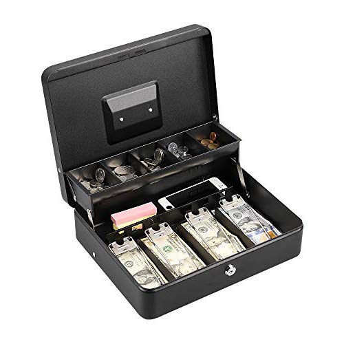 Caja de dinero de metal Caja de seguridad con cerradura, moneda y billetes Caja de dinero grande con cerradura - 2019 Nueva caja de dinero de metal 100% segura, 30 cm x 24 cm x 9 cm, negro