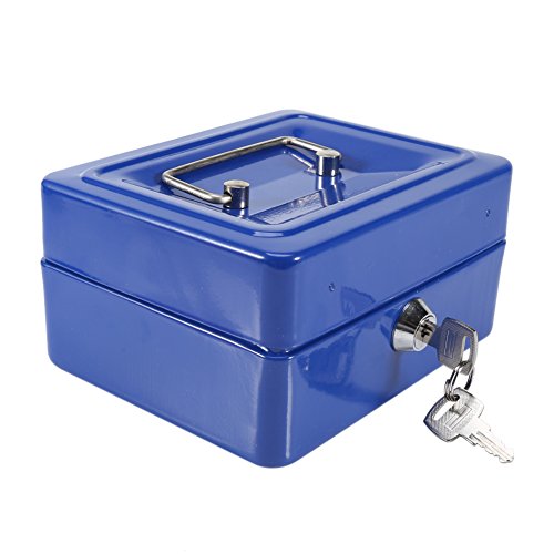 Caja fuerte portátil Cajas de caudales Caja de dinero pequeña con cerradura de llave, caja de seguridad portátil de almacenamiento de monedas de metal de doble capa(Azul)