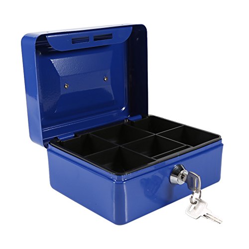 Caja fuerte portátil Cajas de caudales Caja de dinero pequeña con cerradura de llave, caja de seguridad portátil de almacenamiento de monedas de metal de doble capa(Azul)