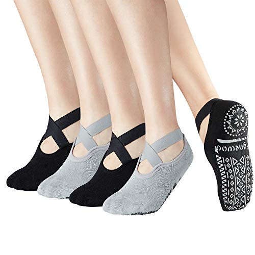 Calcetines de Ejercicio Antideslizantes con Calcetines de Agarre, 4 Pares de Calcetines Antideslizantes para Yoga Pilates Barre con Correa Adhesiva para Mujeres Señoras EU 35-40