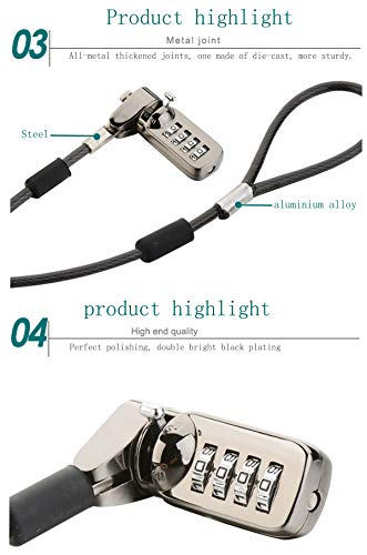 CaLeQi Cable de Seguridad con Cerradura de Combinación para Ordenador portátil, Ordenador, Monitor LCD, 2 m de Cable Negro (Bloqueo de Computadora)