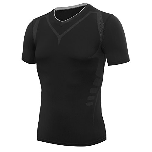 Camiseta de compresión para hombre Amzsport, manga corta, color Negro , tamaño XL