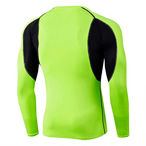 Camiseta Elástica de Compresión Hombre con Cuello Redondo, Ropa Deportiva Manga Larga de Secado Rápido para Ejercicio, Gimnasio, Musculación, Running Verde Fluorescente M