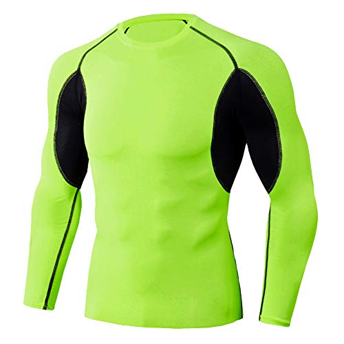 Camiseta Elástica de Compresión Hombre con Cuello Redondo, Ropa Deportiva Manga Larga de Secado Rápido para Ejercicio, Gimnasio, Musculación, Running Verde Fluorescente M