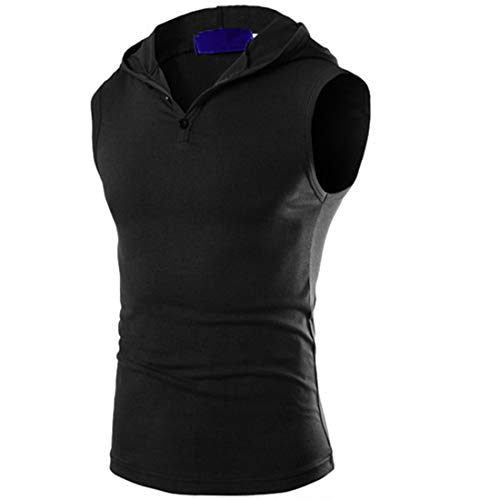 Camiseta Hombre Transpirable Ajustado Hombre Camisetas Sin Mangas Verano Básica Botón Placket Tank Top Moderna Moda Gimnasio Tendencia Sudadera Hombre Capucha T-Shirt B-Black XXL