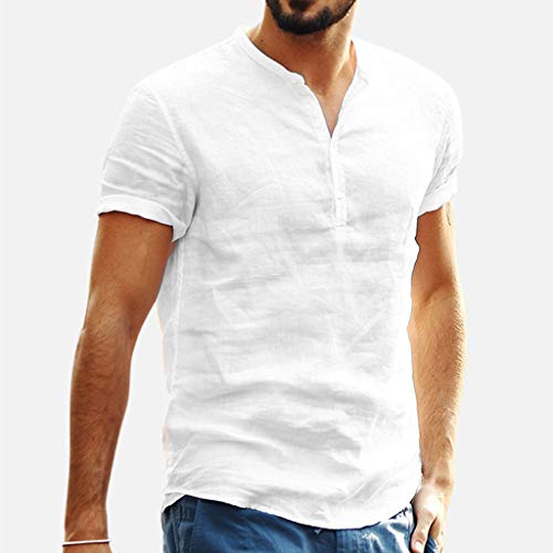 Camiseta para Hombre,Verano Algodón y Lino Manga Corta Color sólido Moda Casual Suelto T-Shirt Blusas Camisas Camiseta Cuello en v Suave básica Camiseta Top vpass