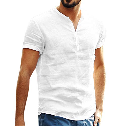 Camiseta para Hombre,Verano Algodón y Lino Manga Corta Color sólido Moda Casual Suelto T-Shirt Blusas Camisas Camiseta Cuello en v Suave básica Camiseta Top vpass