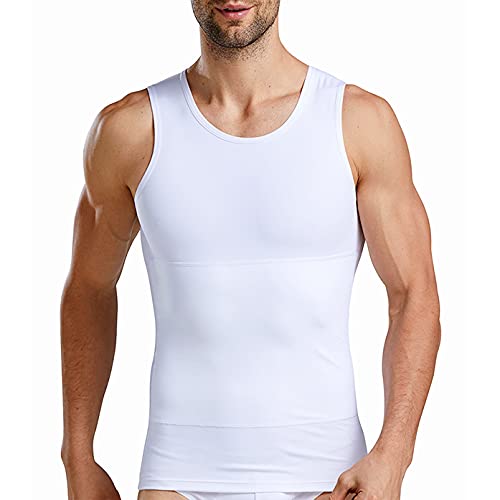 Camiseta Reductora Hombre Compresión, Camisetas Interiores Tirantes, Fajas Moldeadora Adelgazantes - Alta Elasticidad para Comprimir Pecho Abdomen y Cintura (Blanco, L)