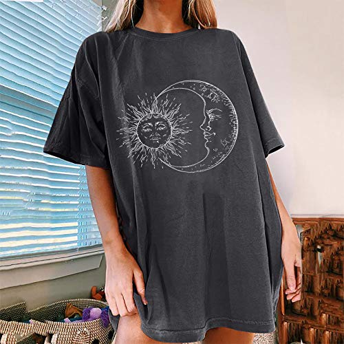 Camisetas Mujer Manga Corta Baratas Casual Largo Camiseta con Cuello Redondo Estampado de Sol y Luna T-Shirt Originales Verano Talla Grande Tops Basicas Suelto Deporte Blusa Camisa de Vestir Tee