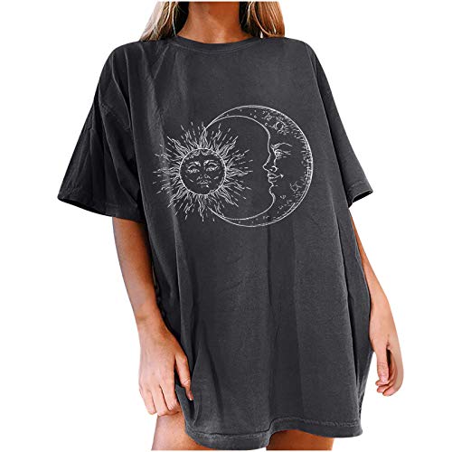 Camisetas Mujer Manga Corta Baratas Casual Largo Camiseta con Cuello Redondo Estampado de Sol y Luna T-Shirt Originales Verano Talla Grande Tops Basicas Suelto Deporte Blusa Camisa de Vestir Tee