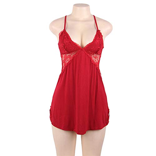 Camisón Mujer Sexy,Babydoll de Algodón Sedoso Con Cuello en V Camisón de encaje Vestido Con Cabestrillo Conjunto de Lencería de Peluche,Camisón Transpirable Sin Mangas Ropa de Casa Con Tanga,Roj