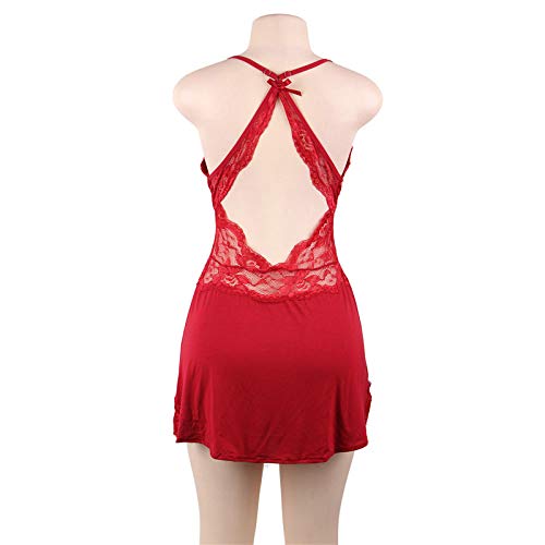 Camisón Mujer Sexy,Babydoll de Algodón Sedoso Con Cuello en V Camisón de encaje Vestido Con Cabestrillo Conjunto de Lencería de Peluche,Camisón Transpirable Sin Mangas Ropa de Casa Con Tanga,Roj