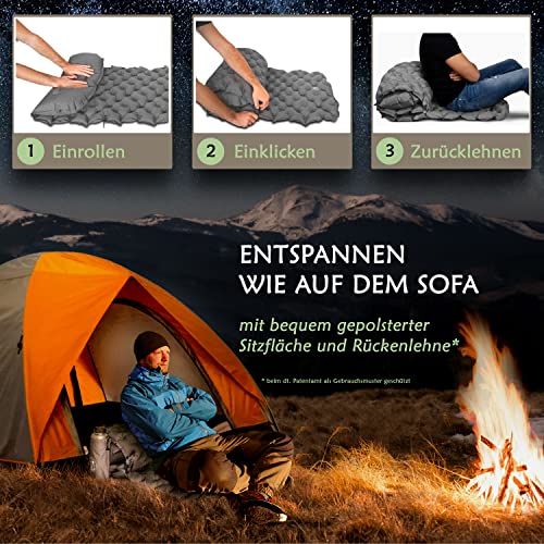 CampKnight® Colchoneta aislante y asiento 2 en 1 – Cómodo dormir y sentarse – Ultraligero y pequeño tamaño plegado – Cojín ajustable de camping – Colchoneta hinchable para exteriores 190 x 58 cm