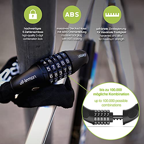 Candado Bicicleta con Código de Número y Cadena de Acero | Cerradura Seguridad Cable 5 dígitos combinacion amarre antirrobo | bici moto biciclo scooter fuerte largo adulto ninos valla puerta puerta