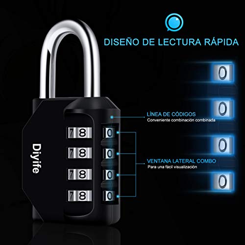 Candado Combinacion, Diyife Impermeable Candado Taquilla, Candado Seguridad 4 Dígitos, Candado para El Casillero del Gimnasio Escolar, Archivadores, Caja De Herramientas,Cerca, Cerrojo(Negro)