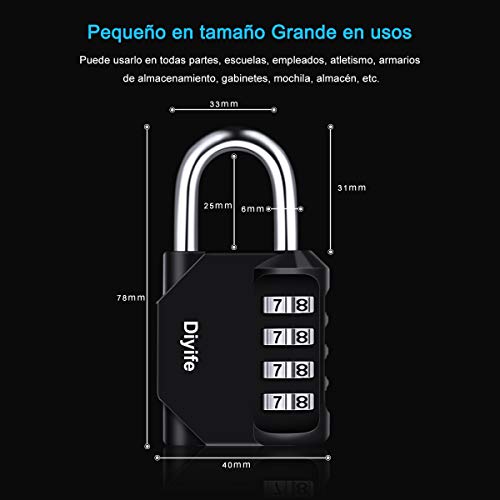 Candado Combinacion, Diyife Impermeable Candado Taquilla, Candado Seguridad 4 Dígitos, Candado para El Casillero del Gimnasio Escolar, Archivadores, Caja De Herramientas,Cerca, Cerrojo(Negro)