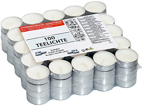 Candelo - Juego de 100 Velas de té en blanco sin aroma – 3,5 x 1,8 cm cada vela – 4 horas de combustión Carcasa de aluminio