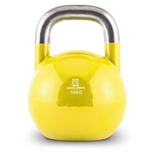 CapitalSports Compket - Pesa Rusa, Kettlebell Regulable con Bola de Acero, Pesas Rusas Ajustables con Mango Suave, Base alisada, para Uso al Aire Libre, Indicador de Kilos, Peso 16 Kg, Amarillo