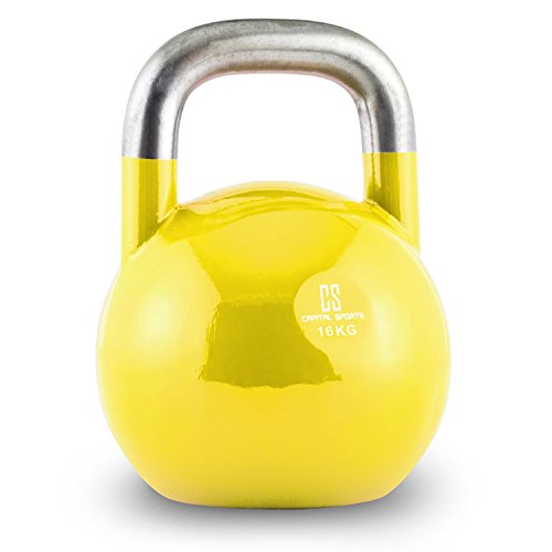 CapitalSports Compket - Pesa Rusa, Kettlebell Regulable con Bola de Acero, Pesas Rusas Ajustables con Mango Suave, Base alisada, para Uso al Aire Libre, Indicador de Kilos, Peso 16 Kg, Amarillo